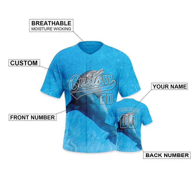 Custom Powder Blue Gray 3D Pattern Design Dolphin And Peacock Authentic Baseball Jersey