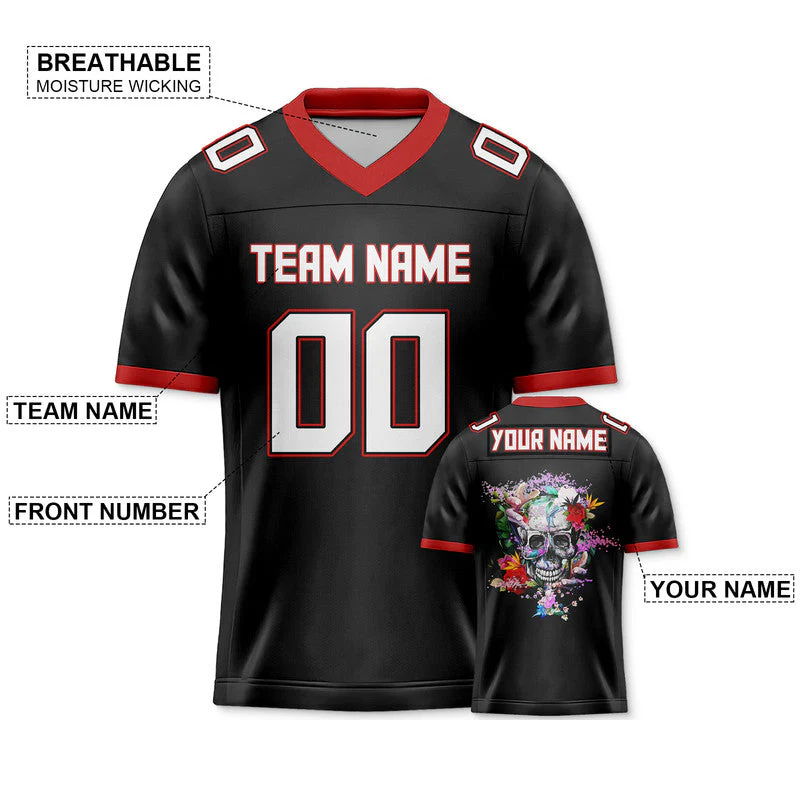 Custom Black White-Red Authentic Skull Fashion Football Jersey