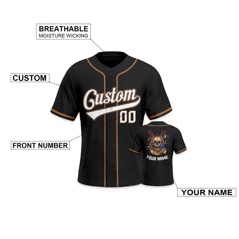 Custom Black Black-Old Gold Authentic Skull Fashion Baseball Jersey 3