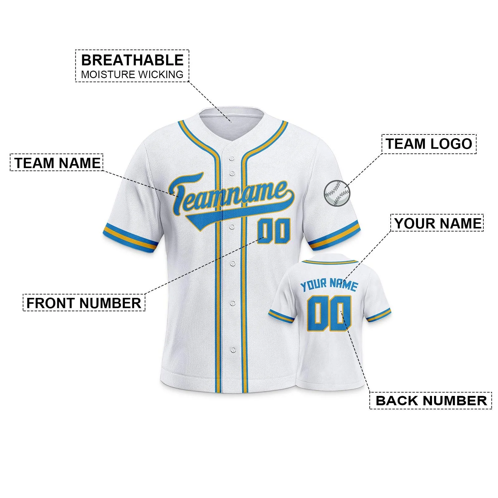 Custom White Light Blue-Gold Authentic Classic Baseball Jersey