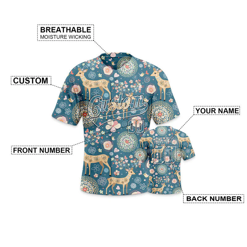 Custom Aqua White 3D Pattern Design Deer And Peacock Authentic Baseball Jersey