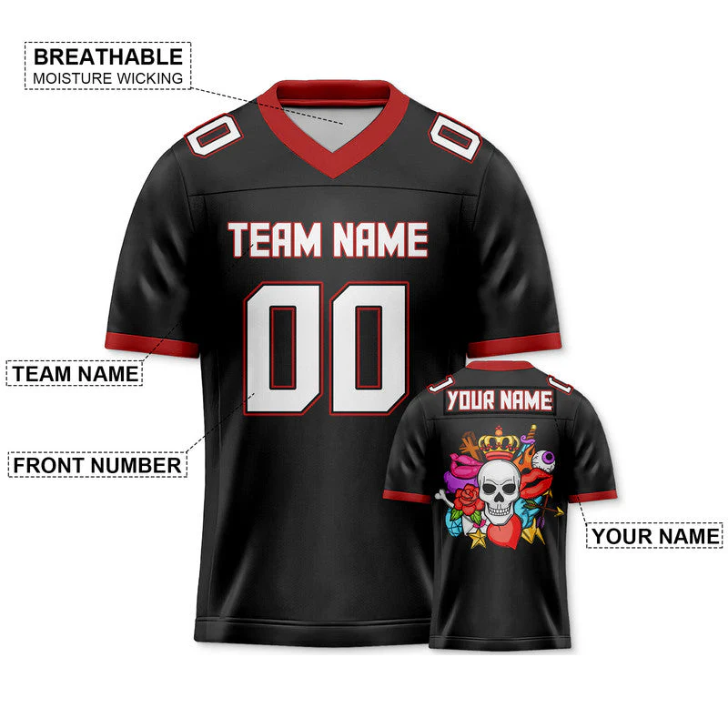 Custom Black White-Red Authentic Skull Fashion Football Jersey 1