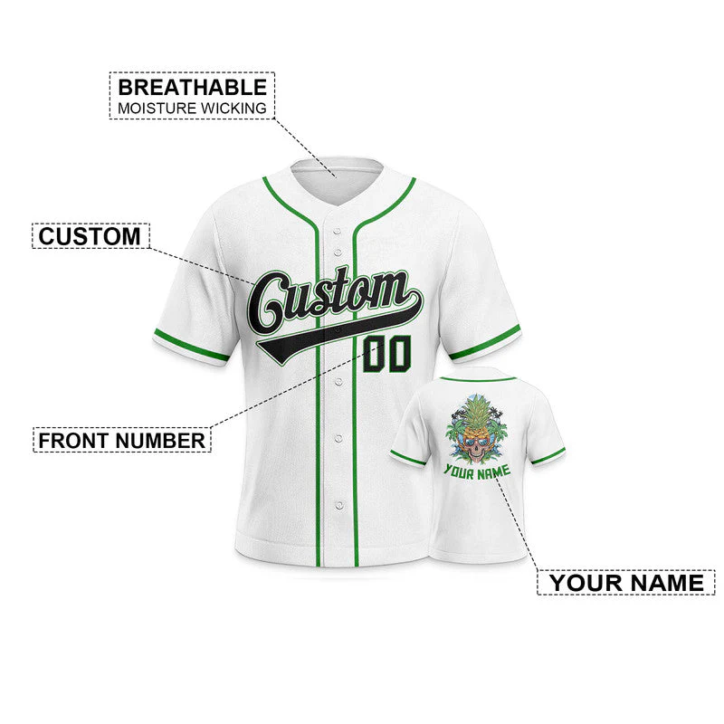 Custom White Kelly Green-Gold Authentic Skull Pineapple Head Baseball Jersey