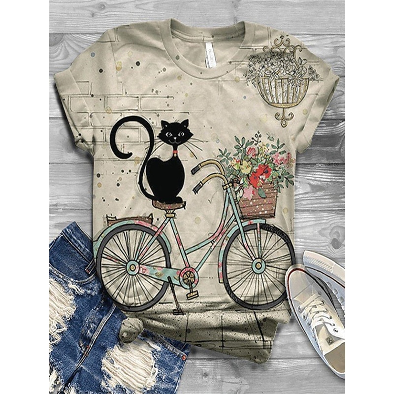 Floral Cat Print Short Sleeve Tee