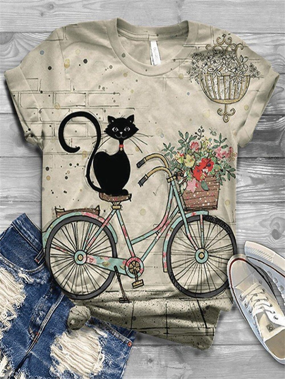Floral Cat Print Short Sleeve Tee